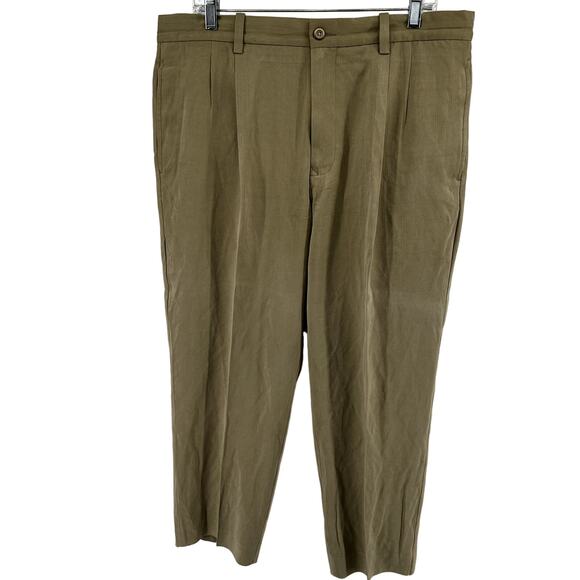 Tommy Bahama Silk Pleated Dress Pants Zip Fly Pockets Career Khaki 36x32 - Picture 1 of 7